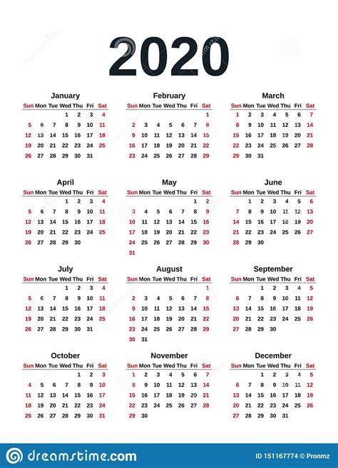 2020 Calendar Year Vector Illustration Template Planner Stock Vector