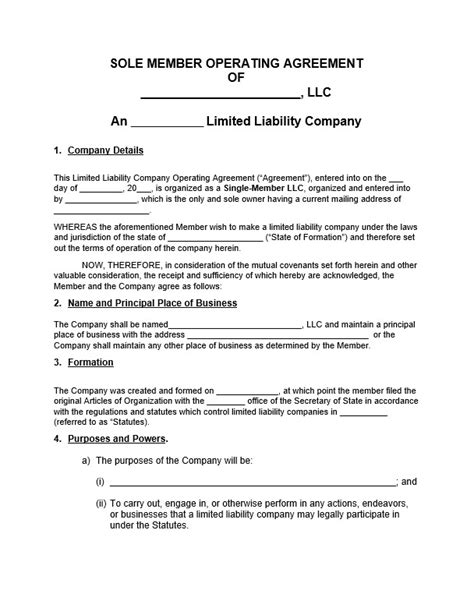 Free Single Member Llc Operating Agreement Template