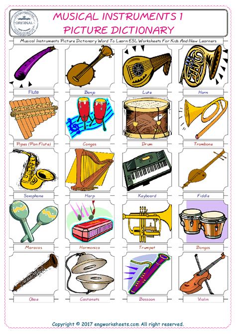 Free printable flashcards in pdf. Musical Instruments ESL Printable English Vocabulary Worksheets