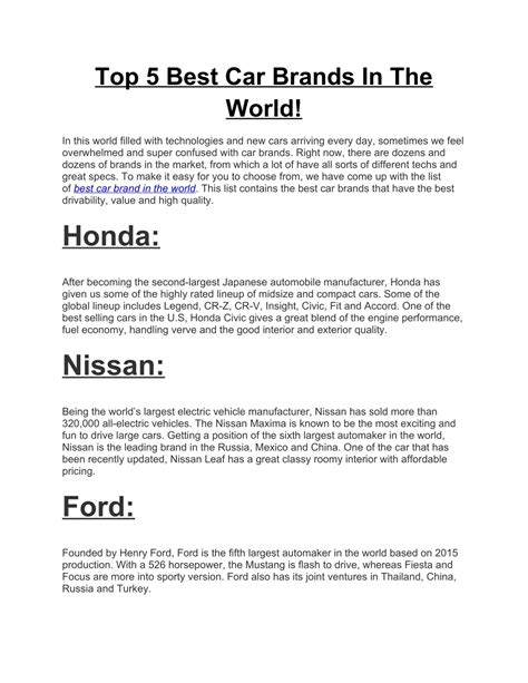 Ppt Top 5 Best Car Brands In The World Powerpoint Presentation Free