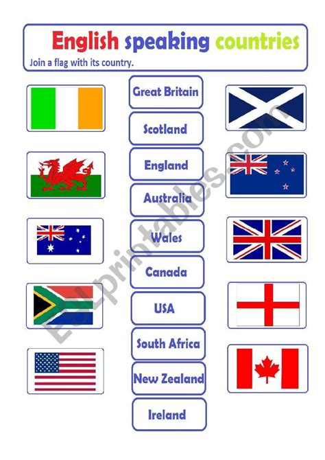 English Speaking Countries Join A Flag To Its Country Esl Worksheet