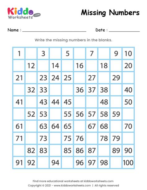 Free Printable Missing Numbers Worksheet 1 100 Worksheet Kiddoworksheets