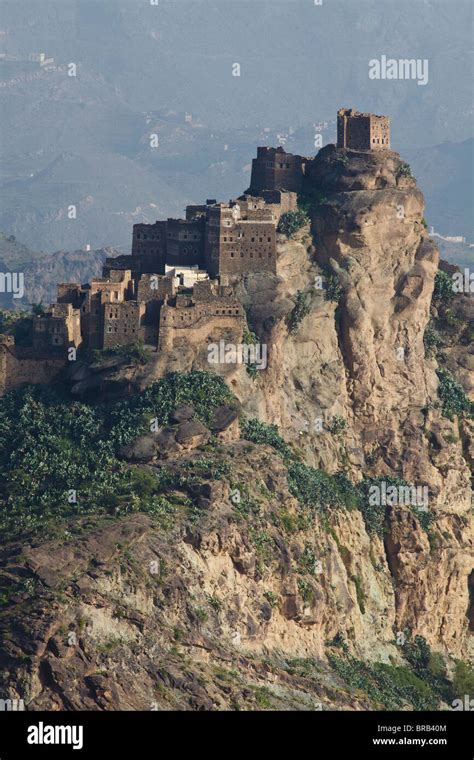 The Fortified Village Of Al Zayah In The Haraz Mountains Yemen Stock