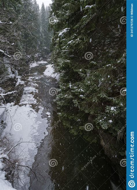 Winter Scenery With Snowfall And Mountain Stream Running Through