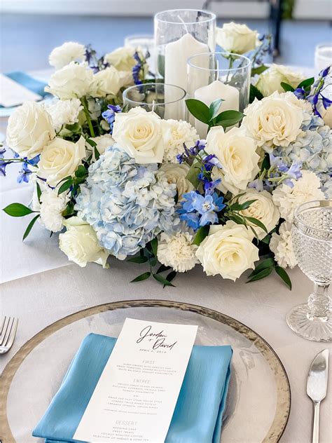 Romantic White And Blue Flower Centerpiece Blue Wedding Centerpieces