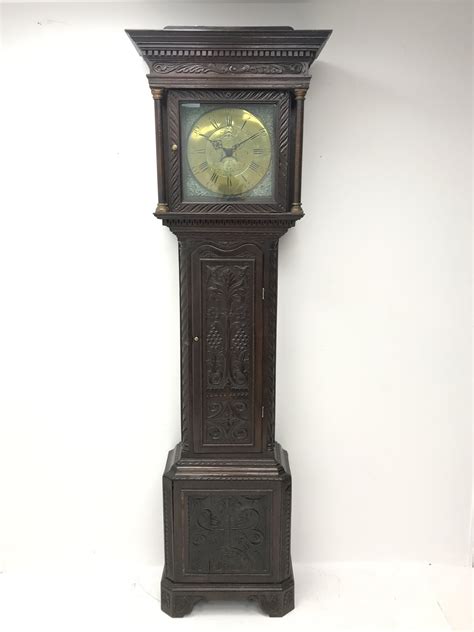 19th Century Heavily Carved Oak Longcase Clock Projecting Dentil