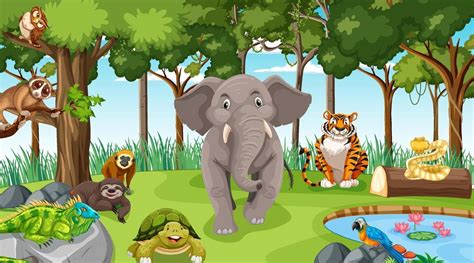 Wild Animals In Forest Scene With Many Trees 3188499 Vector Art At Vecteezy