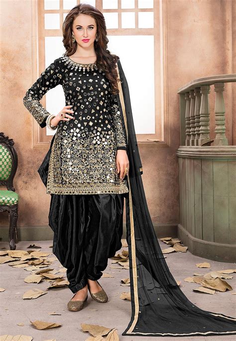 Embroidered Taffeta Silk Punjabi Suit In Black Kuf15303