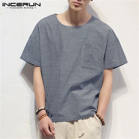 Incerun 2019 Summer Chinese Style Men T Shirts Striped Cotton O Neck