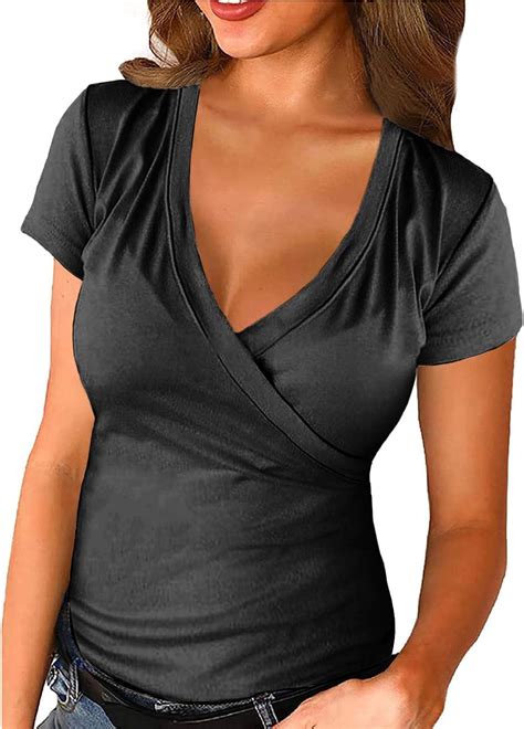 Womens Solid Color Low Cut Sexy V Neck Short Sleeved Crossover Top Tight Slim Fitted Tee Tops T