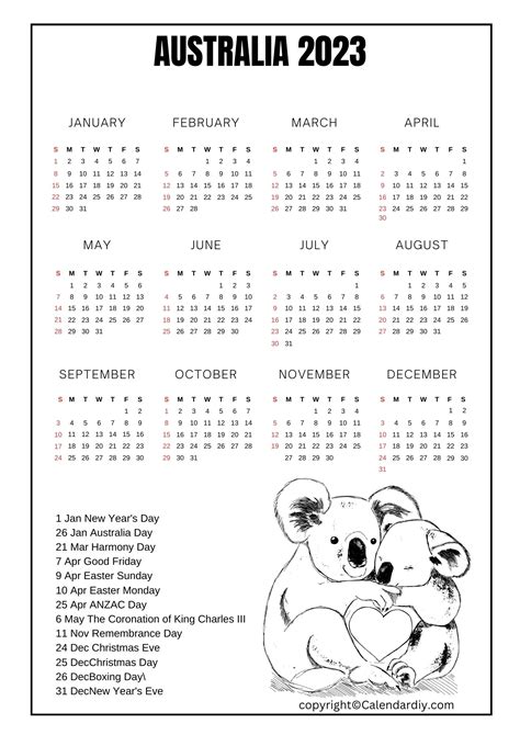 Australia 2023 Calendar With Holidays Template Pdf