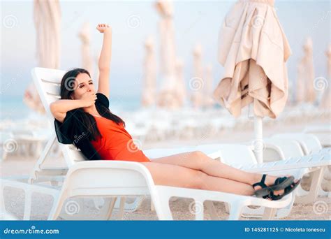 Woman Relaxing On Lounge Chair At The Beach Stock Image Image Of Comfortable Attractive
