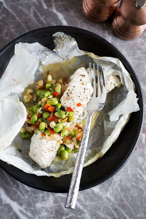 Pacific Halibut En Papillote With Edamame Corn Succotash Cooking With Cocktail Rings