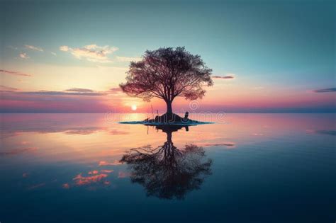 Tree Standing In The Water During A Breathtaking Sunset With Its