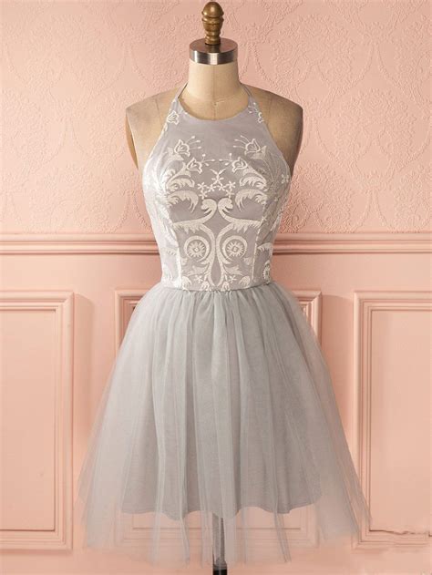 2022 Homecoming Dress Halter Backless Silver Lace Short Prom Dress Par Anna Promdress