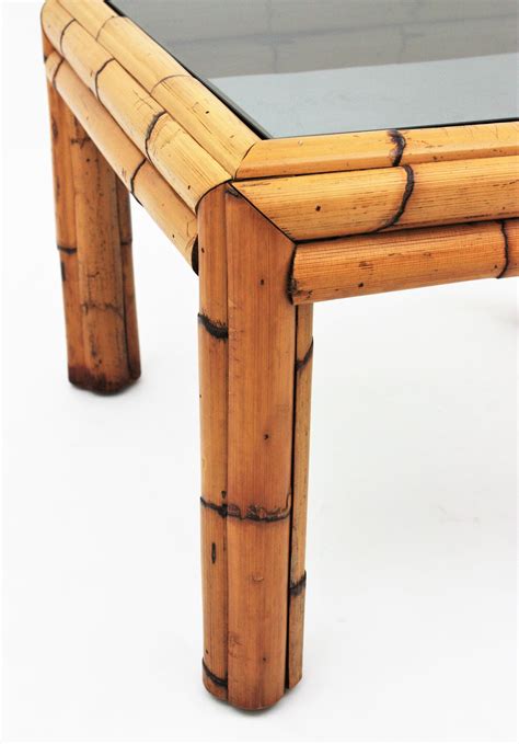 Thick Bamboo Square Table With Smoked Glass Top For Sale At 1stdibs