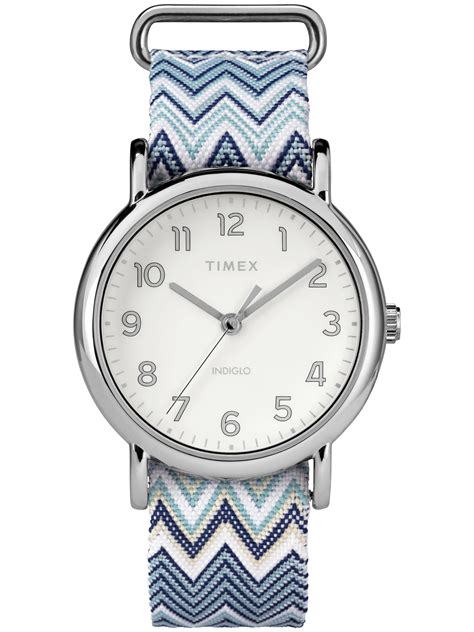 timex women s weekender 38 blue chevron watch fabric slip thru strap