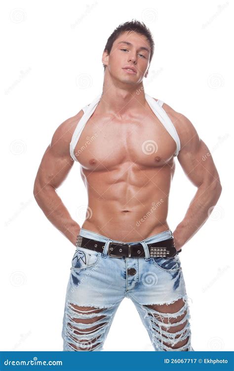 Uomo Nudo Sexy Muscolare In Blue Jeans Immagine Stock Immagine Di Muscoli Fronte