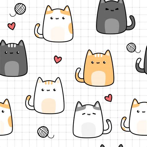 Cute Cat Kitten Cartoon Doodle Seamless Pattern On Grid