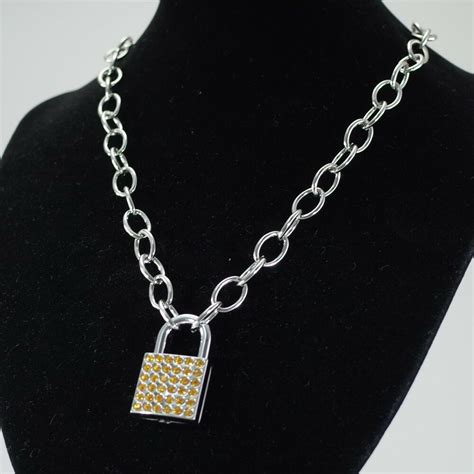 Lock Pendant Charm Oval Link Chain Necklace 19 Long Crystal Padlock Ebay