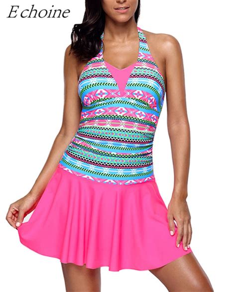 Echoine Aztec Print Pink Halterneck One Piece Swimsuit Dress Padded Push Up Slim Skirted Sexy