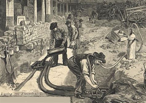 An Old Black And White Drawing Of People Working In A Construction Area