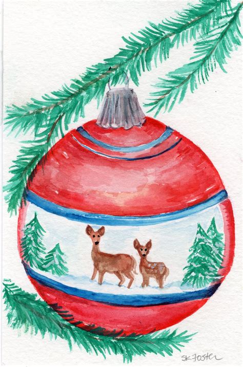 Original Christmas Deer Fawn Ornament Watercolor Painting Small