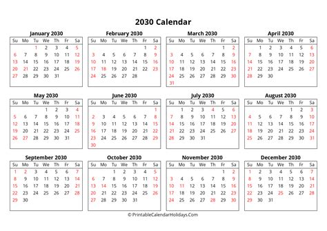 Free Printable Calendar 2030 Word Pdf Excel