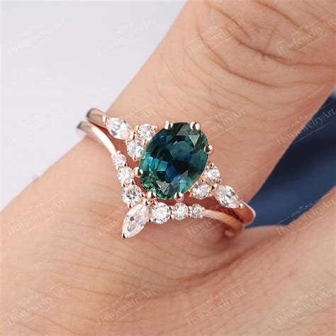 Teal Sapphire Engagement Ring Set Unique Solid Gold Engagement Etsy