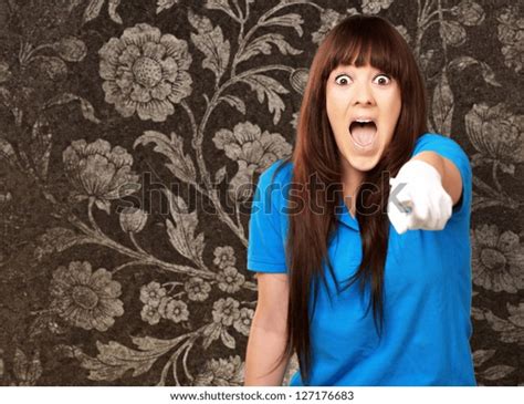 Woman Screaming Pointing Finger Floral Wallpaper Stock Photo 127176683