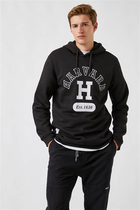 Koton Mens Black Harvard Hoodie Sweatshirt Licensed Printed