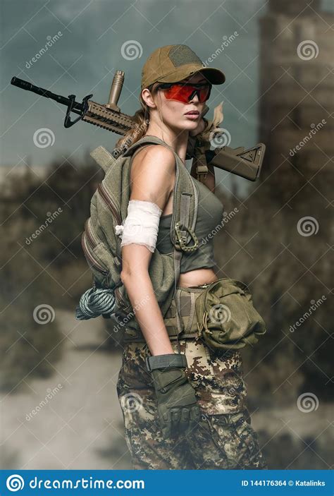 Military Girl With Automatic Rifle Dooms Day Stock Photo Image Of