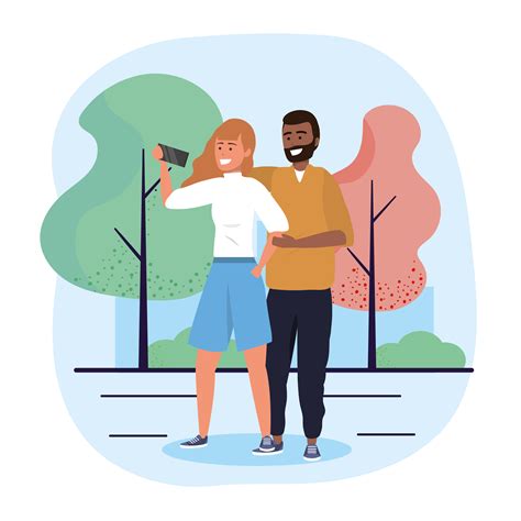 Man and woman taking selfie in park 671779 Vector Art at Vecteezy