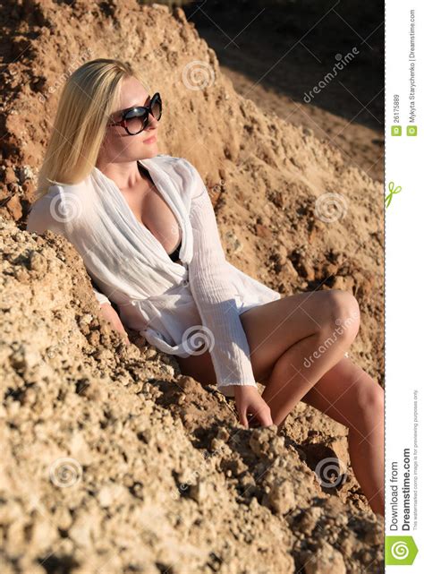 Blonde Woman On Beach Wearing In Sunglasses Stock Image Image Of