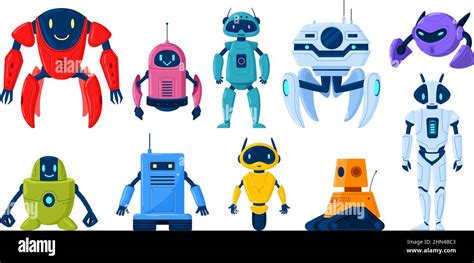 Cartoon Robot Characters Technology Cyborg Mascots Or Mechanical Toys