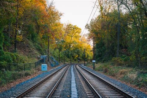 Light Rail Tracks And Autumn Color In Baltimore Maryland Stock Image