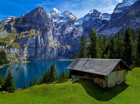 Wallpaper Switzerland Nature Spruce Mountain Lake Scenery Houses