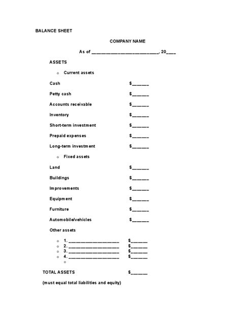 Blank Balance Sheet Example Free Download