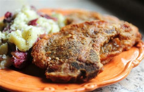 Rub the chops with spices and a little bit of flour. Pan-Fried Pork Chops and Smashed Red Potatoes