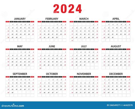 2024 Calendar Year Vector Illustration Week Starts On Sunday Simple