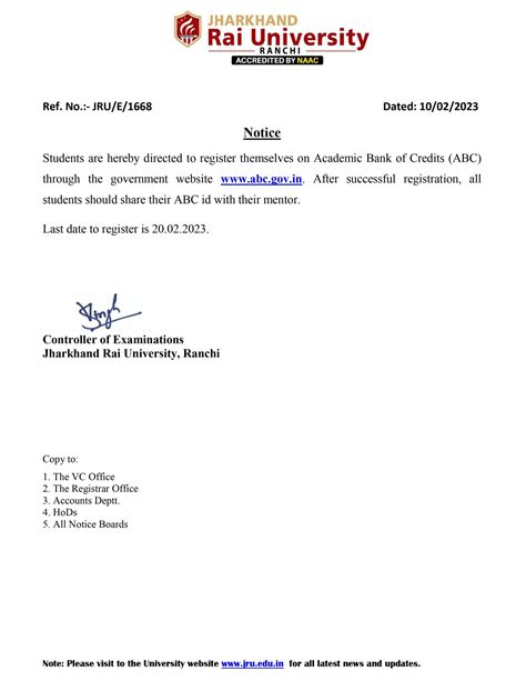 Notice For Academic Bank Of Credits ABC Jharkhand Rai University JRU Ranchi