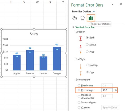 The difference is 20, ignoring whether it's positive or negative. Error bars in Excel: standard and custom