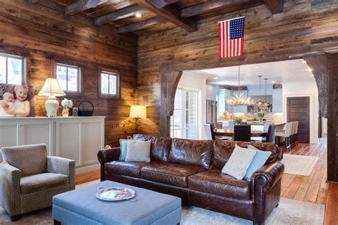 As a general rule, nickel or stainless steel cabinet. distressed leather sofa in Family Room Farmhouse with blue ...