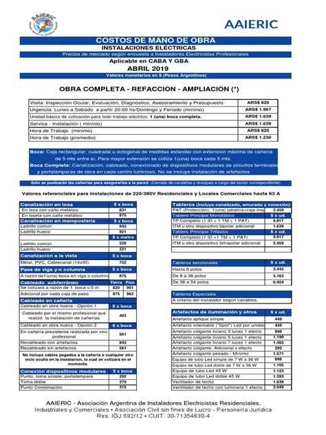 Aaieric Costos De Mano De Obra Abril 2019 Componentes Ingenieria