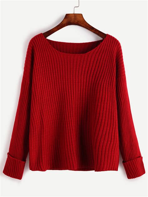 Red Ribbed Knit Drop Shoulder Sweater Sheinsheinside