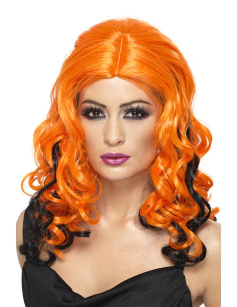 Long Orange Halloween Wig With Black Highlights For Women Wigs And