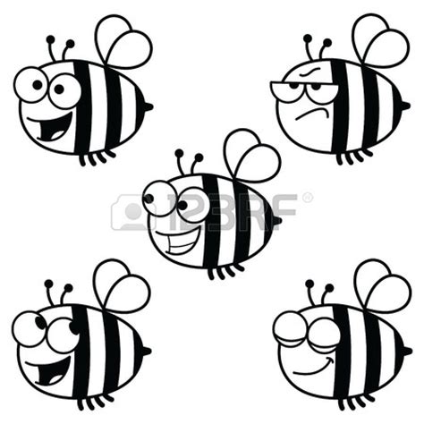 Black And White Cartoon Illustration Of A Set Of Bees In Various