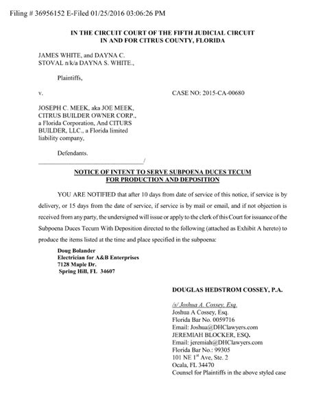 Notice Of Intent To Serve Subpoena Duces Tecum For Production And