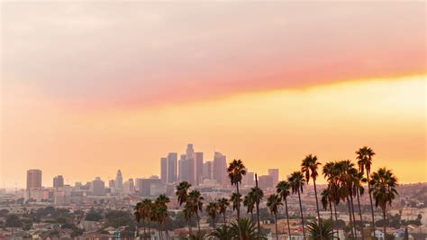 Sunset Time Lapse Of Downtown Los Angeles With Palm Trees Stock Video
