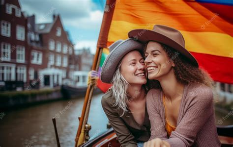 Premium Ai Image Happy Lesbian Couple In A Boat In Amsterdam With Rainbow Flag Patterns